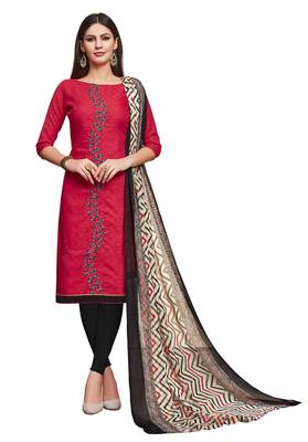 red printed banarasi cotton unstitched salwar with dupatta 1
