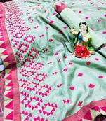 Green embroidered silk blend saree with blouse