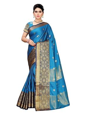 Blue woven silk blend saree with blouse 1