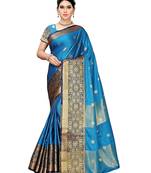 Blue woven silk blend saree with blouse