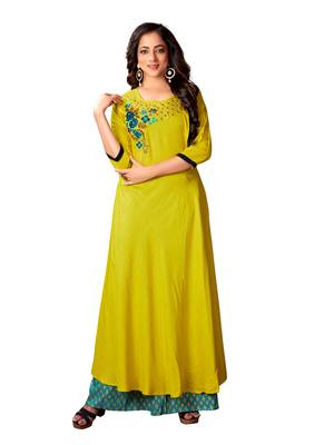 Blissta Parrot Green Rayon Slub Embroidered Anarkali Kurti For Women 1