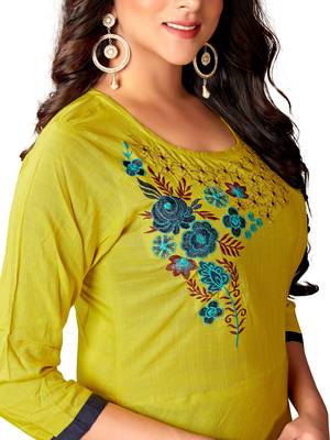 Blissta Parrot Green Rayon Slub Embroidered Anarkali Kurti For Women 2