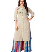 Blissta Women's Beige Cotton Flex Embroidered Straight Kurti