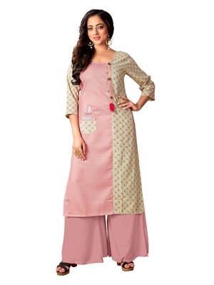 Blissta Baby Pink & Off White Cotton Slub Straight Party Wear Kurti For Women's  1