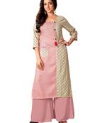 Blissta Baby Pink & Off White Cotton Slub Straight Party Wear Kurti For Women's 