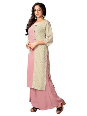 Blissta Baby Pink & Off White Cotton Slub Straight Party Wear Kurti For Women's  4