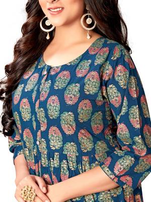 Blissta Navy Blue Cotton Foil Print Festive Wear Anarkali Kurti For Girl's /Women's 2