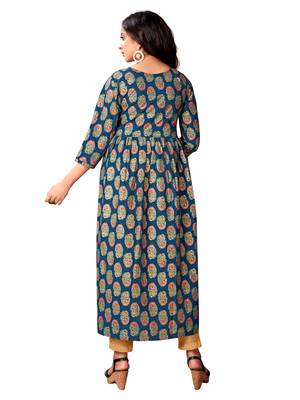 Blissta Navy Blue Cotton Foil Print Festive Wear Anarkali Kurti For Girl's /Women's 3