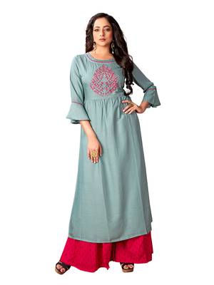 Blissta Sea Green Rayon Embroidered A Line Kurti For Girl's / Women's 1