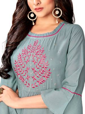 Blissta Sea Green Rayon Embroidered A Line Kurti For Girl's / Women's 2