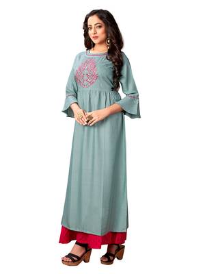 Blissta Sea Green Rayon Embroidered A Line Kurti For Girl's / Women's 4