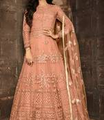 Peach embroidered net Anarkali suit