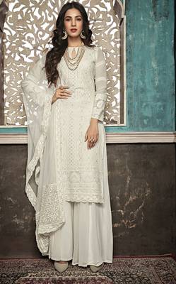 Off-white embroidered faux georgette salwar suit 1