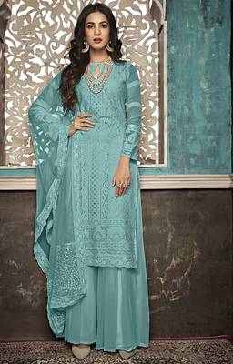 Sky-blue embroidered faux georgette salwar 1