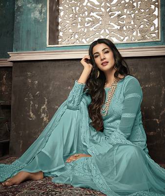 Sky-blue embroidered faux georgette salwar 2
