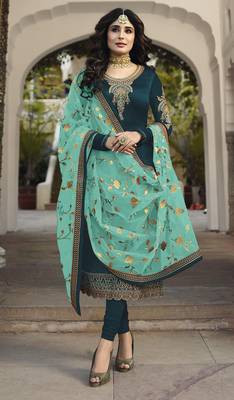 Dark-turquoise embroidered satin salwar 1