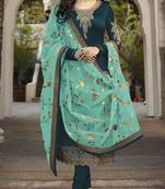 Dark-turquoise embroidered satin salwar