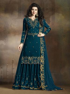 Dark-turquoise embroidered silk kameez with sharara 1