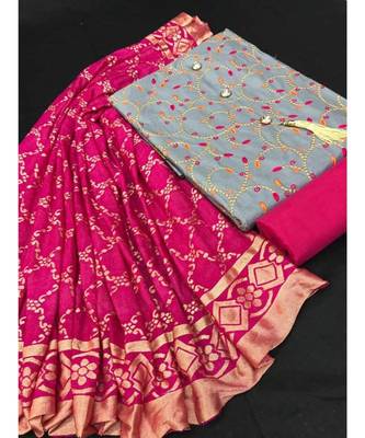 Women's Grey & Pink Slub Cotton Embroidered Unstitch Dress Material With Dupatta 1