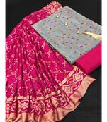 Women's Grey & Pink Slub Cotton Embroidered Unstitch Dress Material With Dupatta