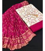 Women's White & Pink Slub Cotton Embroidered Unstitch Dress Material With Dupatta