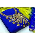 Women's Royal Blue & Green Chanderi Embroidered Unstitch Dress Material With Dupatta