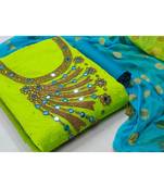 Women's Parrot Green & Sky Blue Chanderi Embroidered Unstitch Dress Material With Dupatta