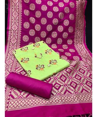 Women's Pista Green & Pink Chanderi Embroidered Unstitch Dress Material With Dupatta 1