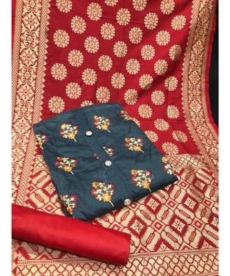 Women's Grey & Maroon Chanderi Embroidered Unstitch Dress Material With Dupatta 1