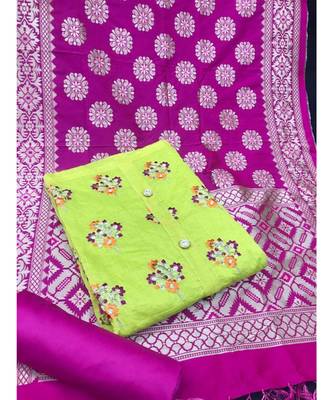 Women's Parrot Green & Magenta Chanderi Embroidered Unstitch Dress Material With Dupatta 1