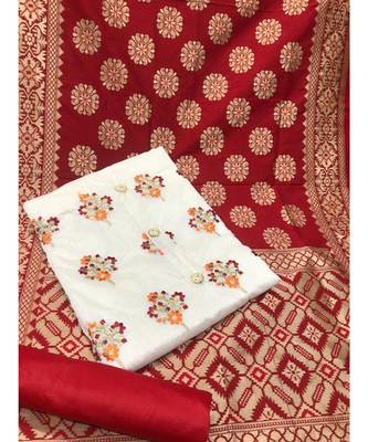 Women's White & Maroon Chanderi Embroidered Unstitch Dress Material With Dupatta 1