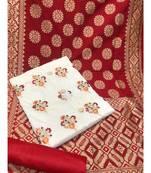 Women's White & Maroon Chanderi Embroidered Unstitch Dress Material With Dupatta