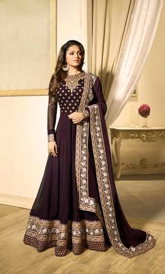 Wine Embroidered Faux Georgette Anarkali 1