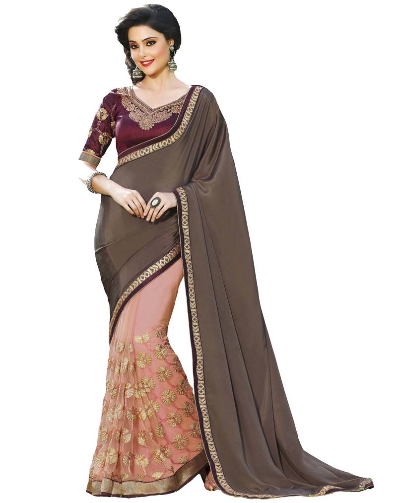 Off white embroidered georgette saree with blouse