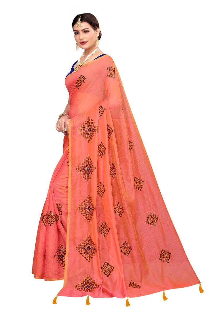 Orange Embroidered Chanderi Saree With Blouse