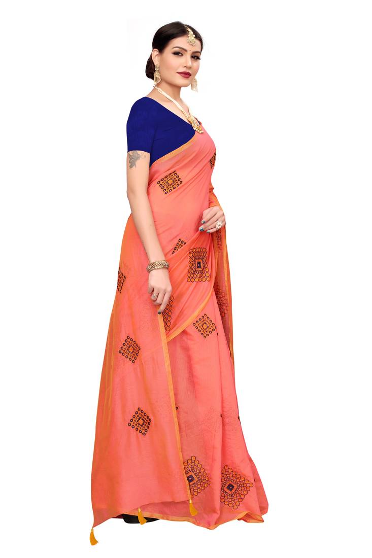 Orange Embroidered Chanderi Saree With Blouse