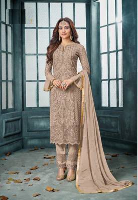 Light-brown embroidered faux georgette salwar 1