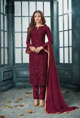 Red embroidered faux georgette salwar 1