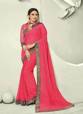Pink embroidered chiffon saree with blouse 1