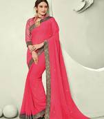 Pink embroidered chiffon saree with blouse