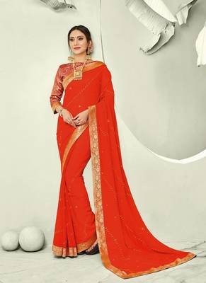 Orange embroidered chiffon saree with blouse 1