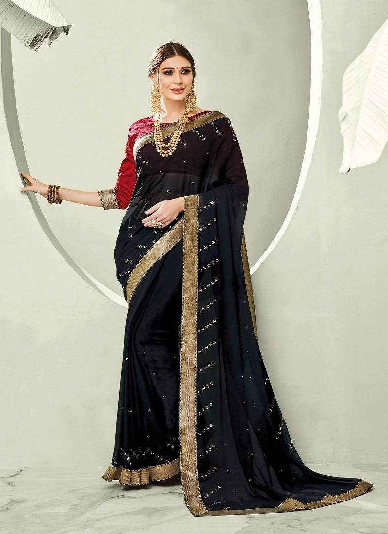 Black embroidered chiffon saree with blouse