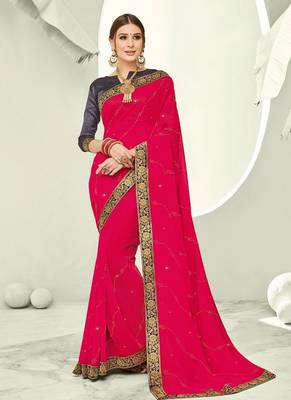 Magenta embroidered chiffon saree with blouse 1