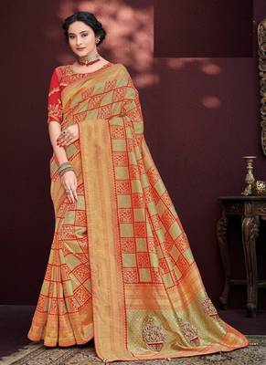 Beige woven banarasi silk saree with blouse 1