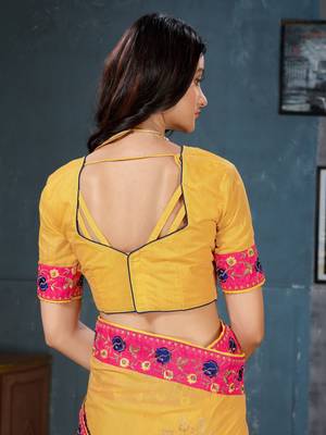 Yellow woven cotton silk saree with blouse 5