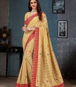 Beige woven cotton silk saree with blouse