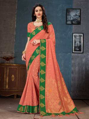 Peach woven cotton silk saree with blouse 1
