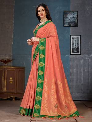 Peach woven cotton silk saree with blouse 2