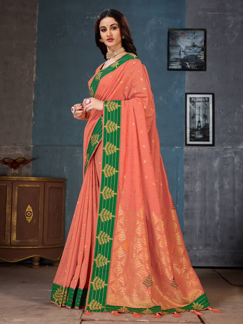 Peach woven cotton silk saree with blouse