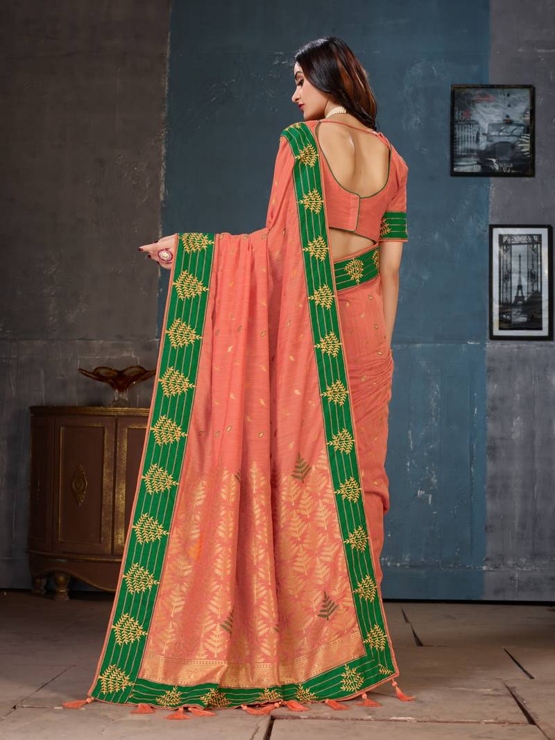 Peach woven cotton silk saree with blouse